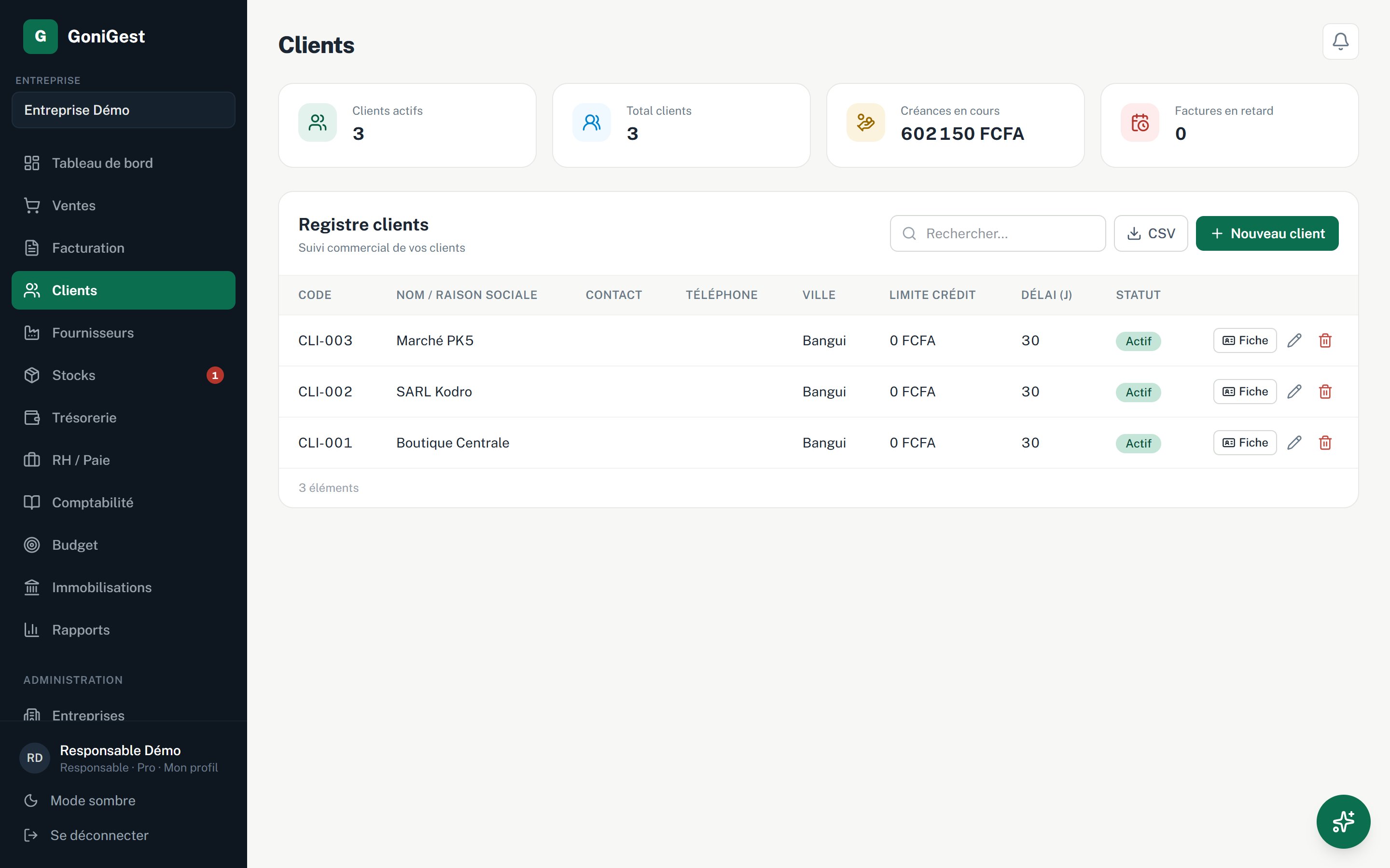 Écran Clients : tableau avec code, nom, téléphone, recherche et bouton Ajouter