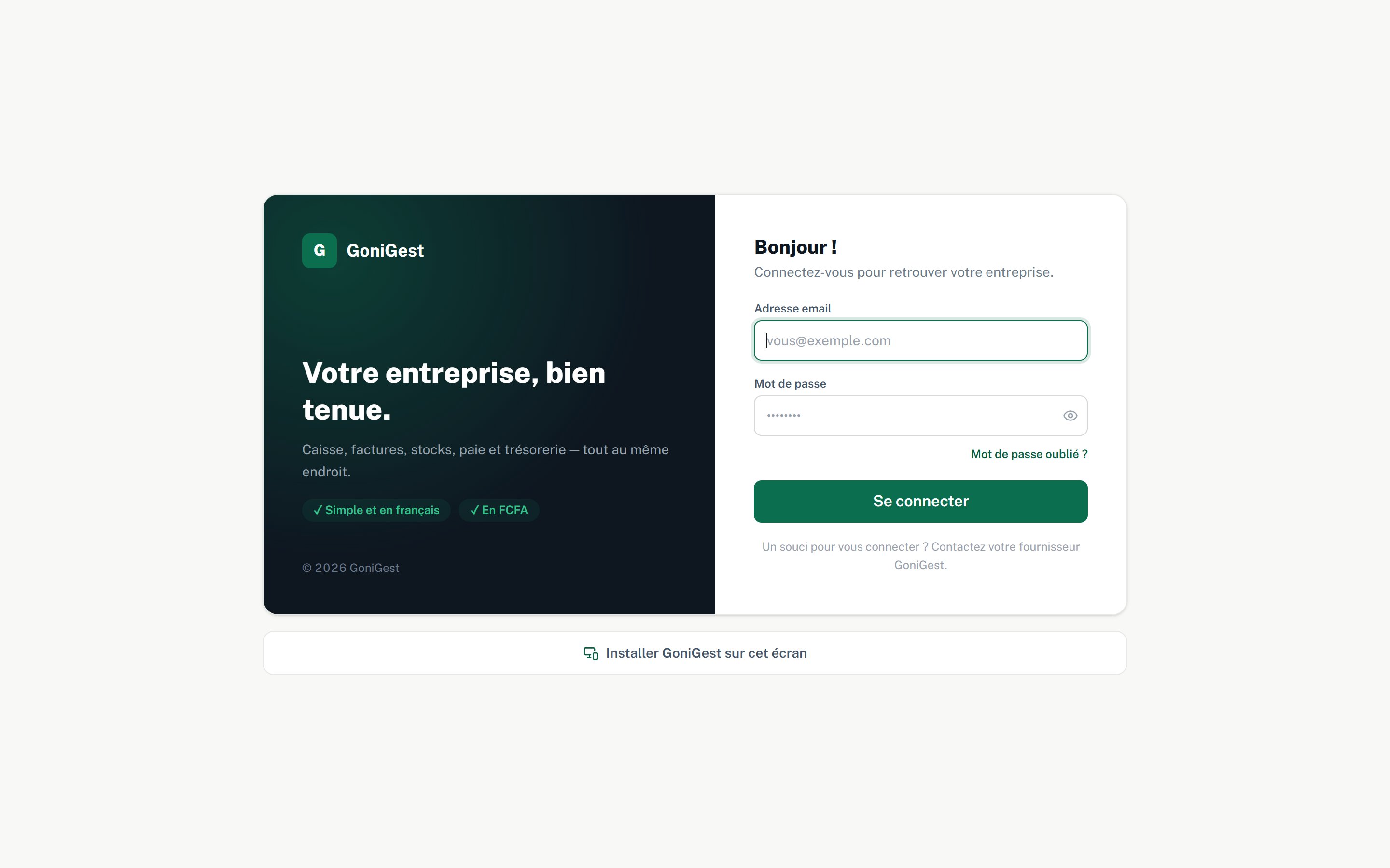 Écran de connexion GoniGest : champs e-mail et mot de passe, bouton Se connecter