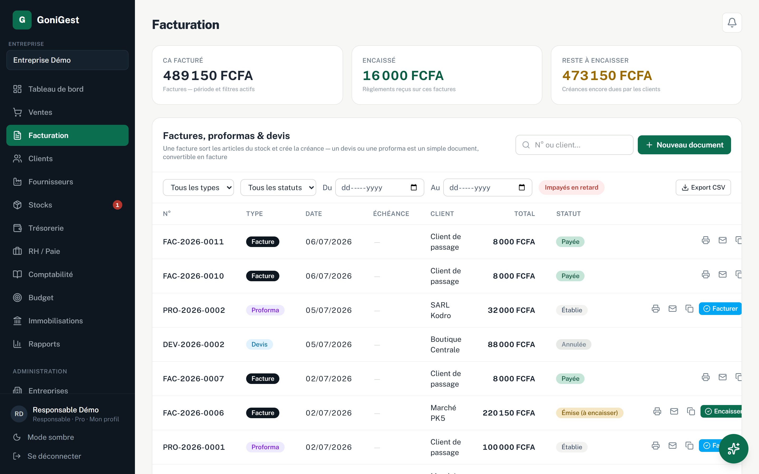 Écran Facturation : liste des factures avec statuts colorés, filtre impayés en retard, boutons créer facture, devis, proforma