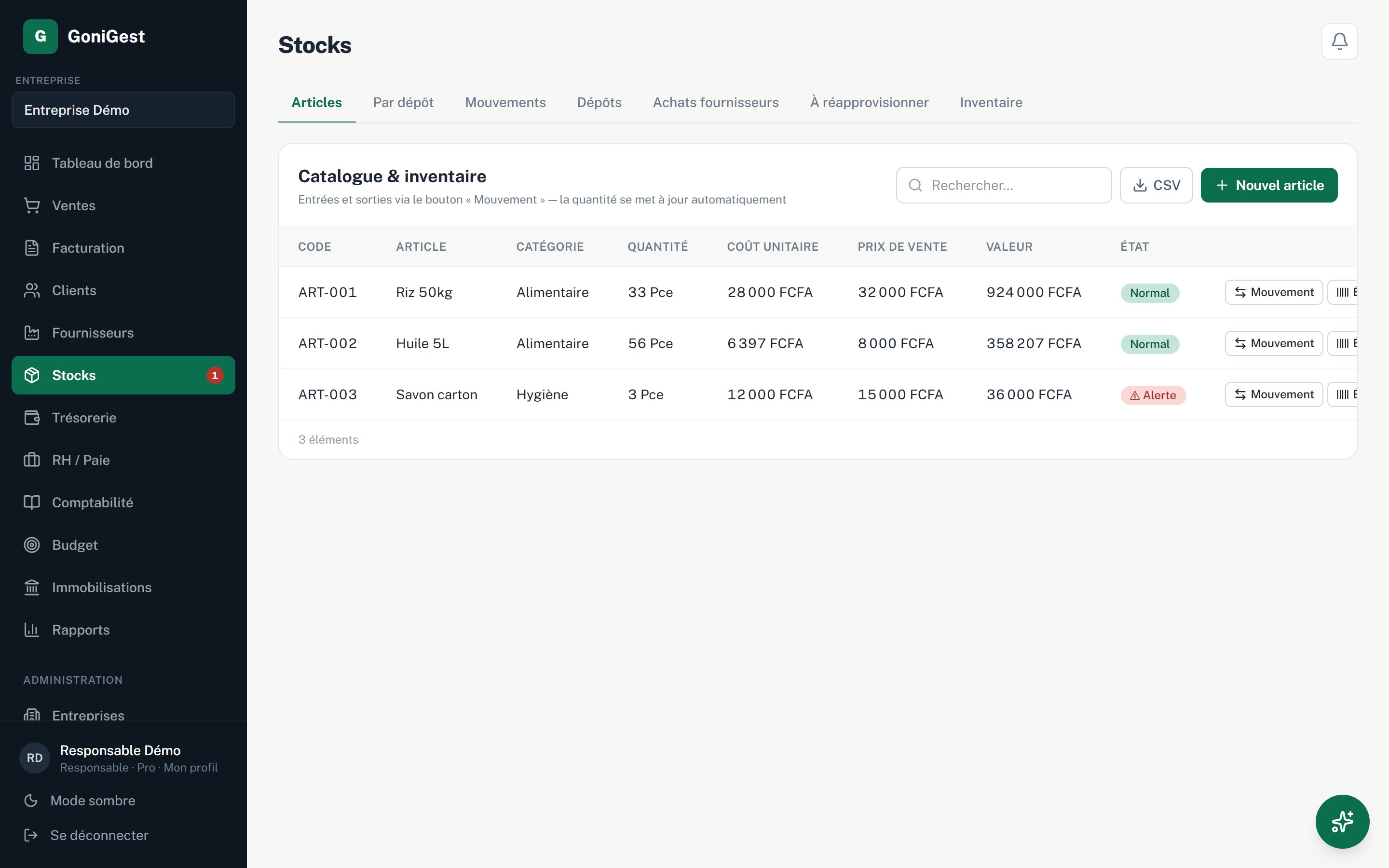 Écran Stocks : onglets Articles, Par dépôt, Mouvements, Dépôts ; tableau des articles avec quantités et alertes